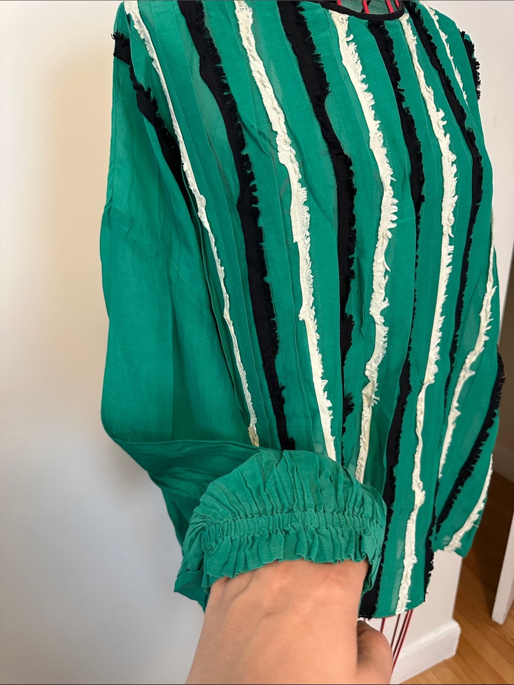 Green Striped Long Sleeve Top with Textured Ruffle Stripes - Picture 3 of 6